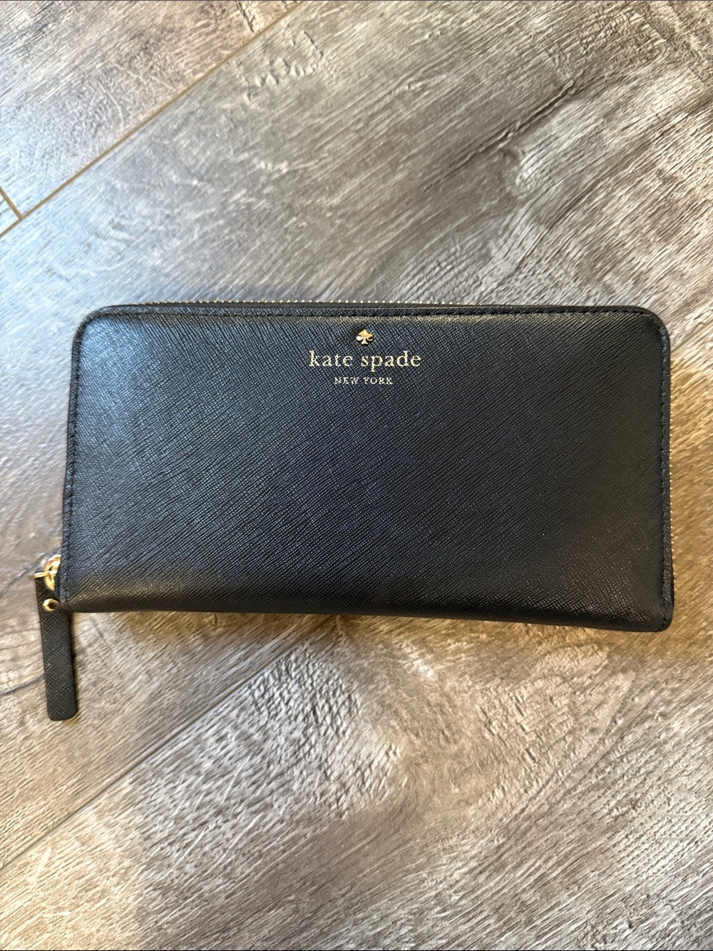 Kate Spade Black Leather Zip Wallet with Gold Logo